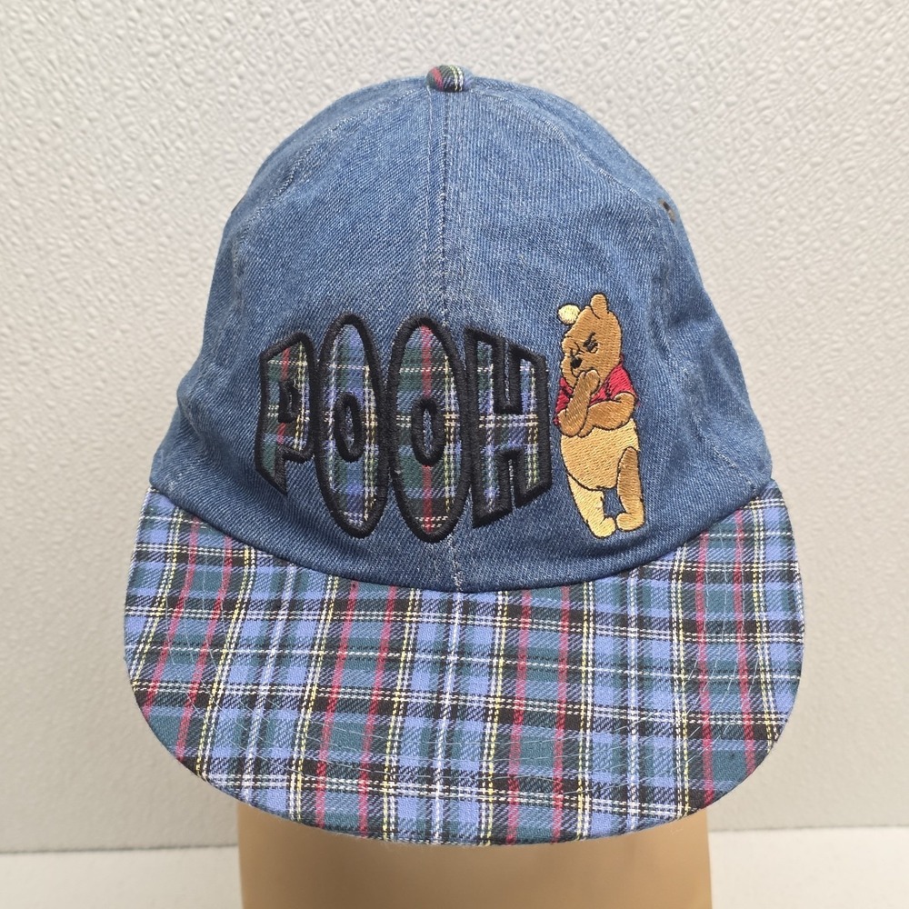 Vintage Disney Embroidered Winnie The Pooh Hat Elastic Band Blue Plaid Denim